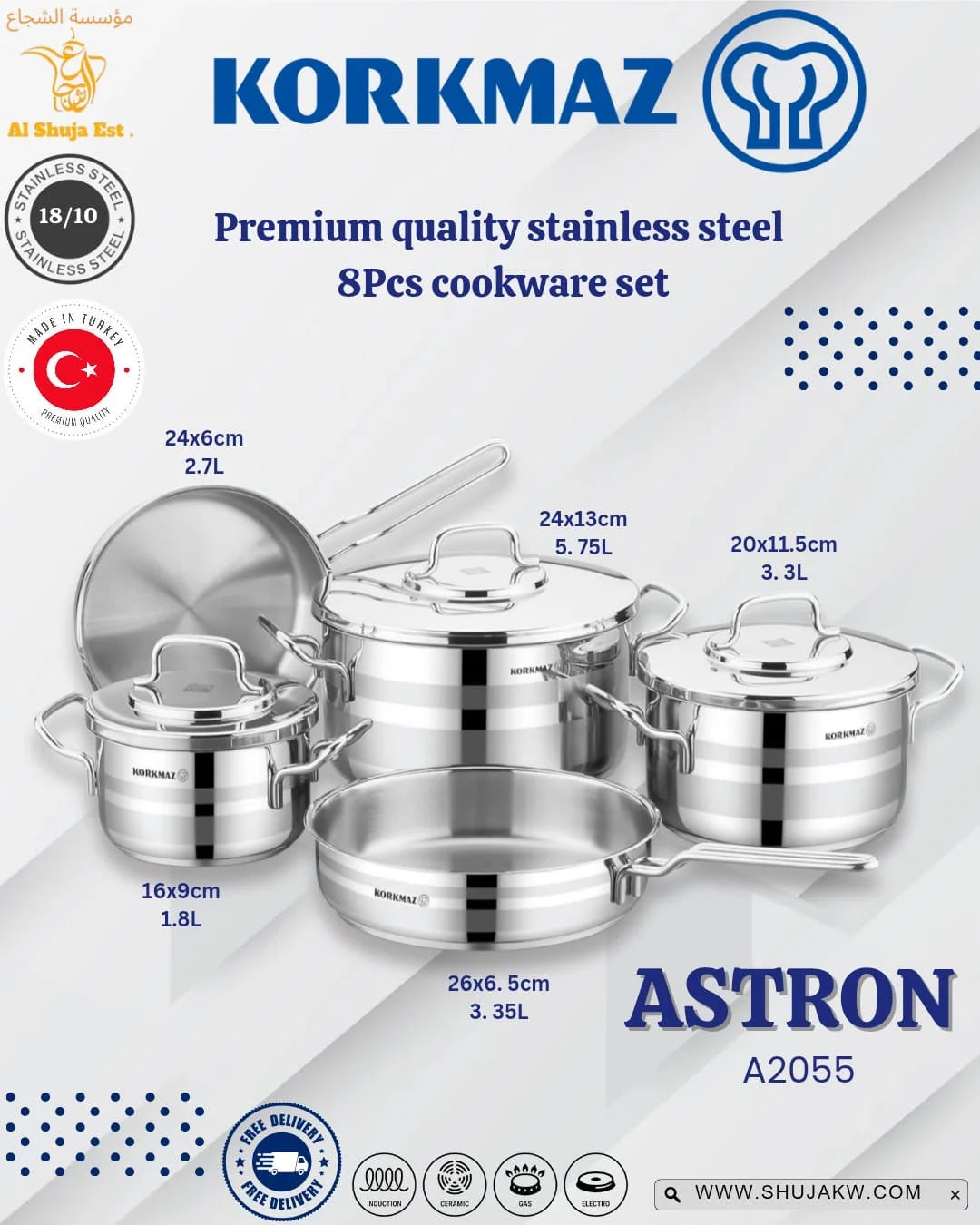 Korkmaz Astron 8 pcs Cookware Set- A2055