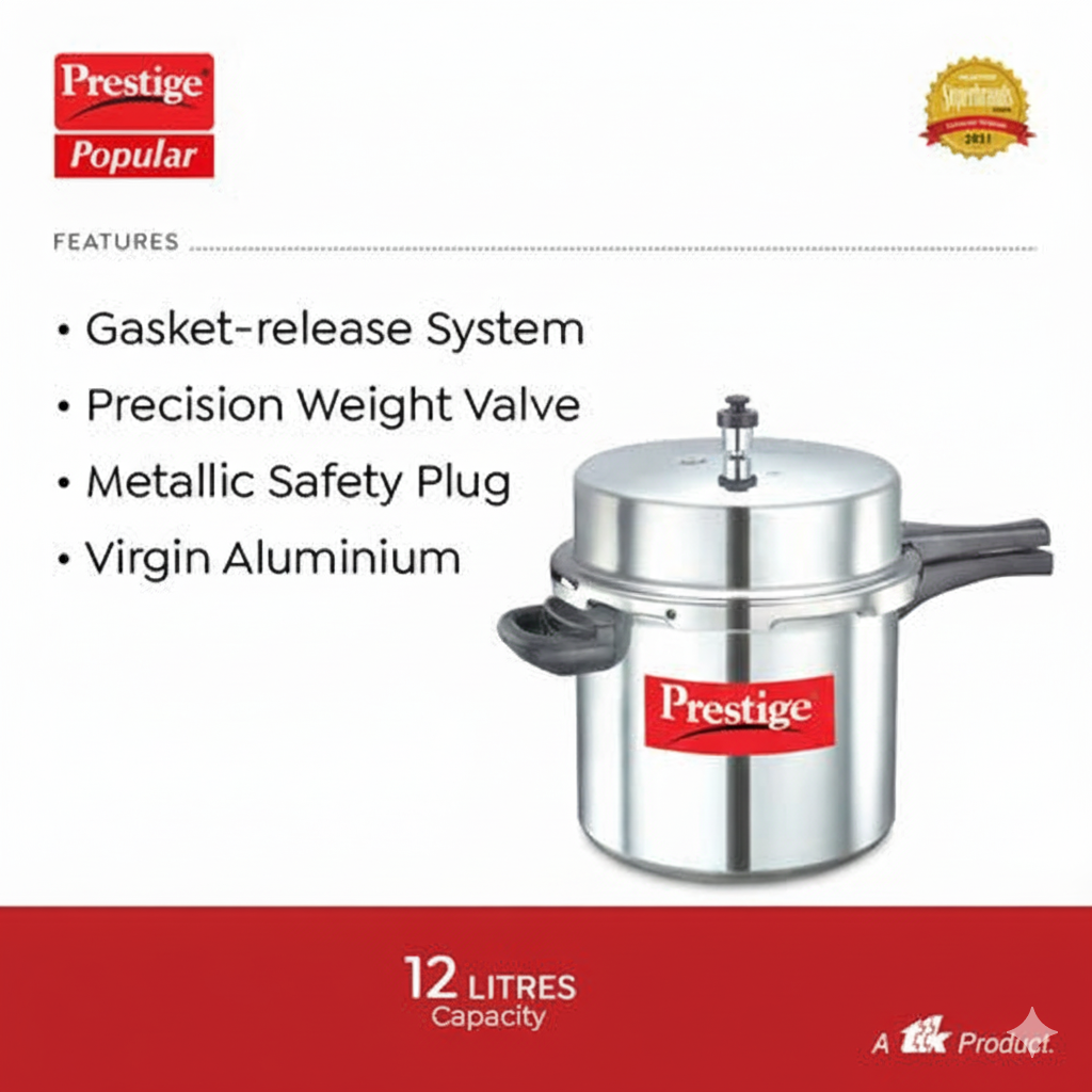 Prestige Popular Virgin Aluminium Precision Weight Valve Pressure Cooker, 12 L-10033