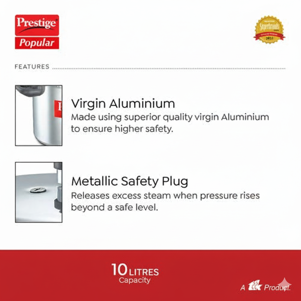 Prestige Popular Virgin Aluminium Precision Weight Valve Pressure Cooker, 10 L-10030