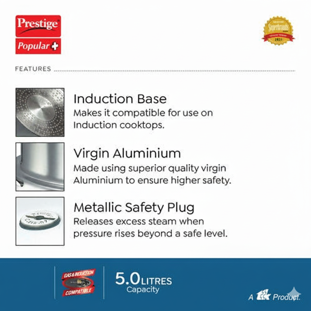 Prestige Popular Plus Virgin Aluminium Gas and Induction Compatible Pressure Cooker 5L-10203