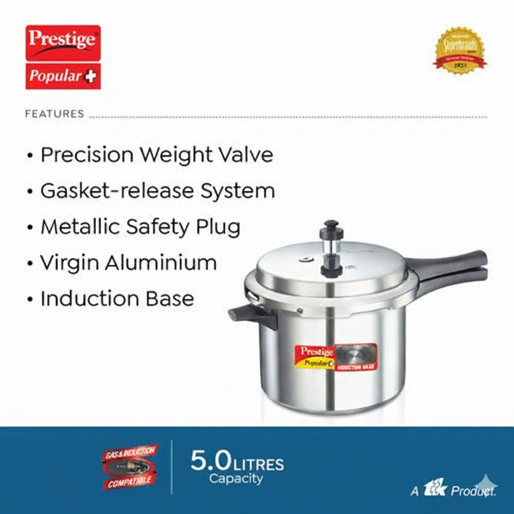 Prestige Popular Plus Virgin Aluminium Gas and Induction Compatible Pressure Cooker 5L-10203