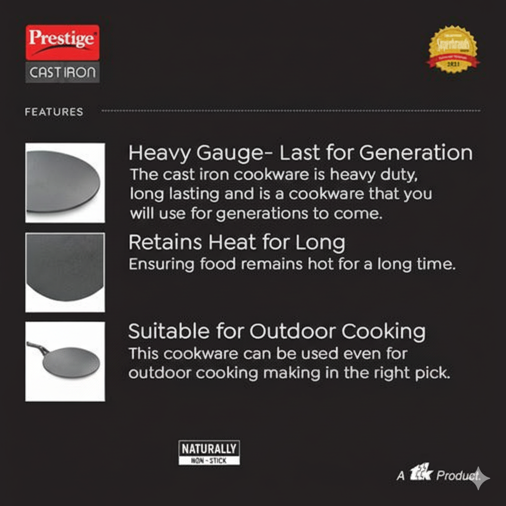 Prestige Cast Iron Scratch Resistant Concave Tawa, 25cm- 30556