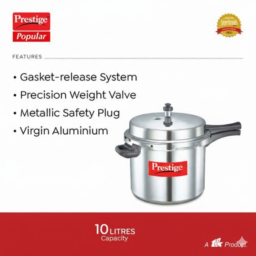Prestige Popular Virgin Aluminium Precision Weight Valve Pressure Cooker, 10 L-10030