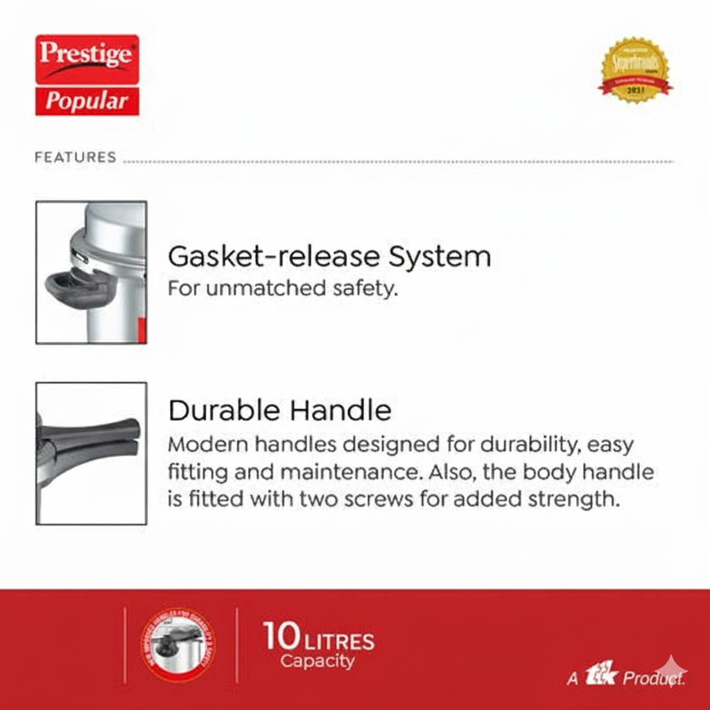 Prestige Popular Virgin Aluminium Precision Weight Valve Pressure Cooker, 10 L-10030