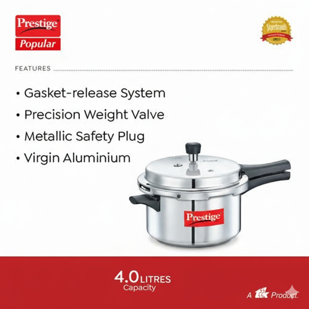 Prestige Popular Virgin Aluminium Precision Weight Valve Pressure Cooker, 4 L-10007