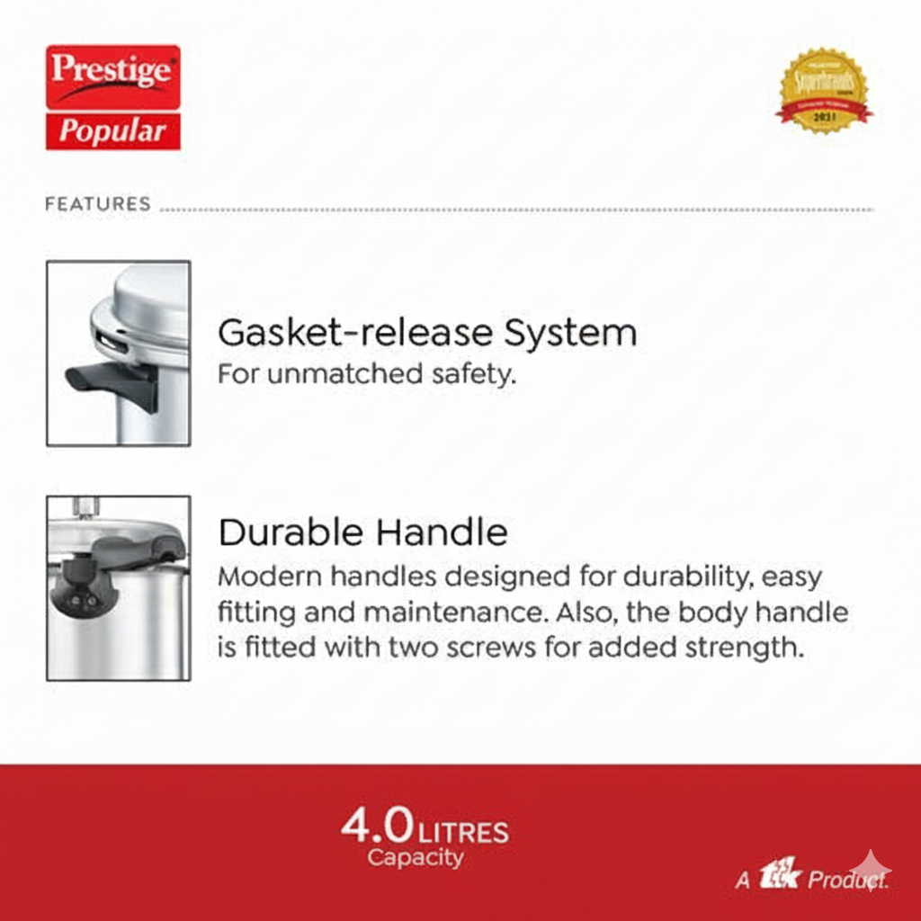 Prestige Popular Virgin Aluminium Precision Weight Valve Pressure Cooker, 4 L-10007