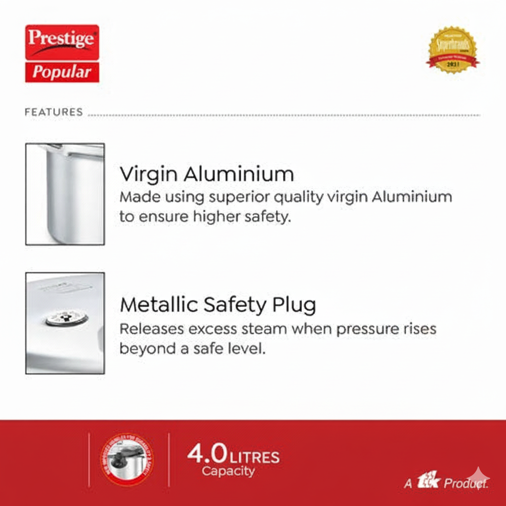 Prestige Popular Virgin Aluminium Precision Weight Valve Pressure Cooker, 4 L-10007