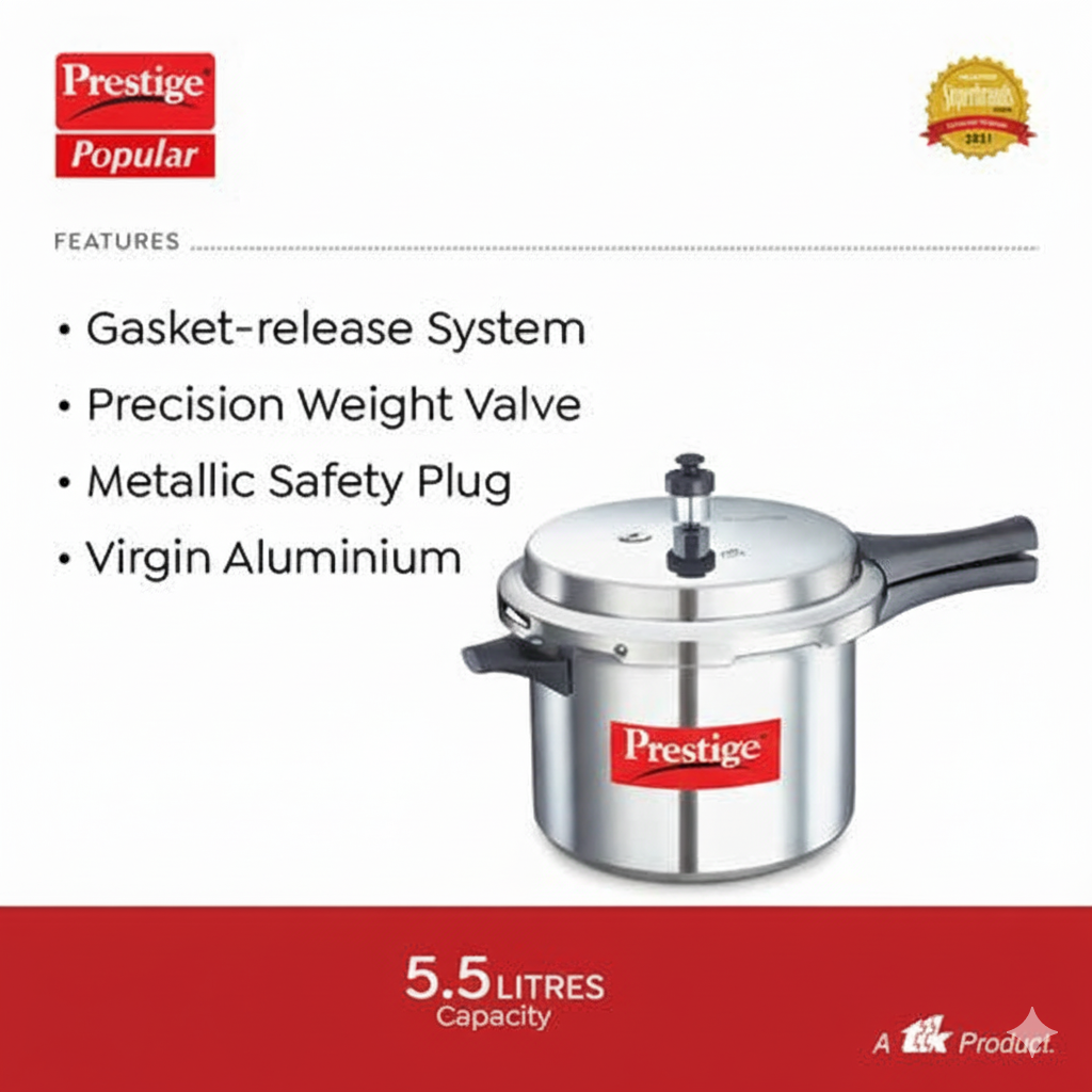 Prestige Popular Virgin Aluminium Precision Weight Valve Pressure Cooker, 5.5 L-10016
