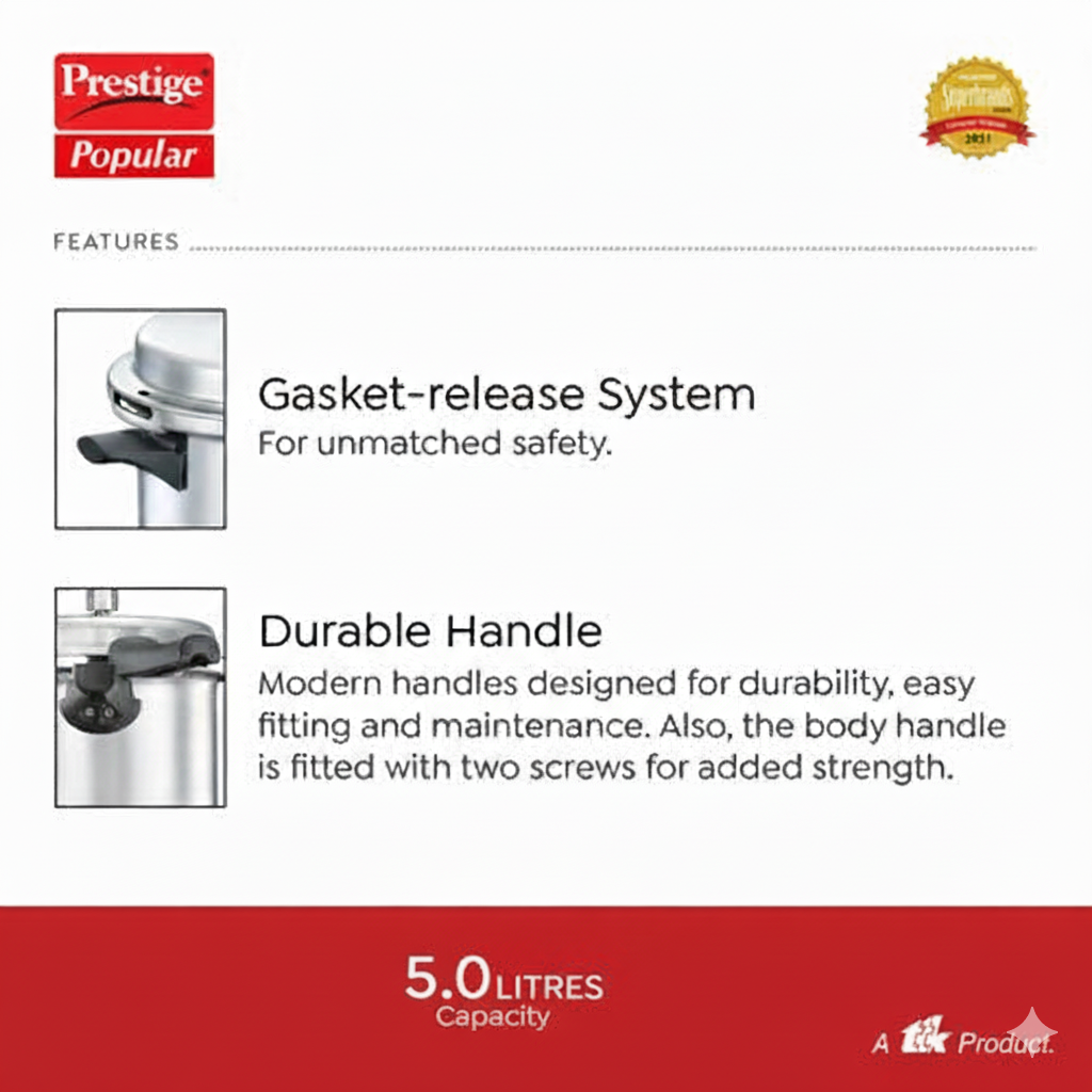 Prestige Popular Virgin Aluminium Precision Weight Valve Pressure Cooker, 5 L (Silver) - 10013