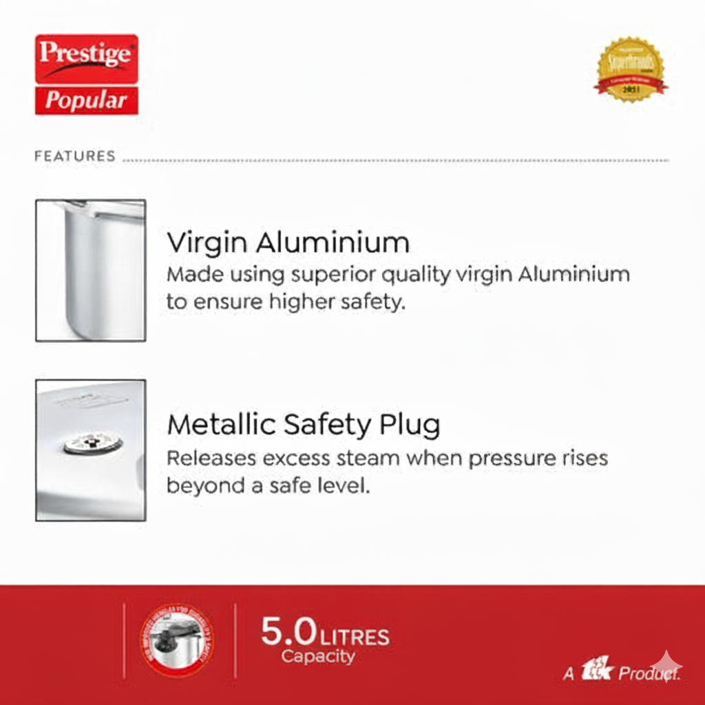 Prestige Popular Virgin Aluminium Precision Weight Valve Pressure Cooker, 5 L (Silver) - 10013