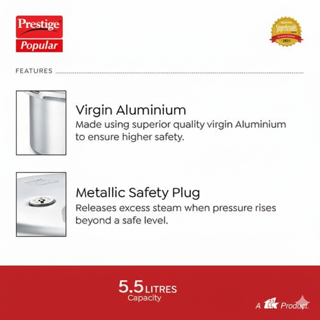 Prestige Popular Virgin Aluminium Precision Weight Valve Pressure Cooker, 5.5 L-10016