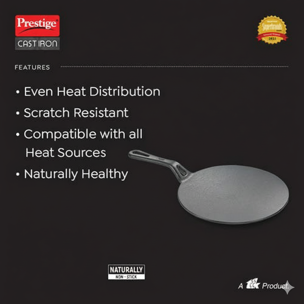 Prestige Cast Iron Scratch Resistant Concave Tawa, 25cm- 30556