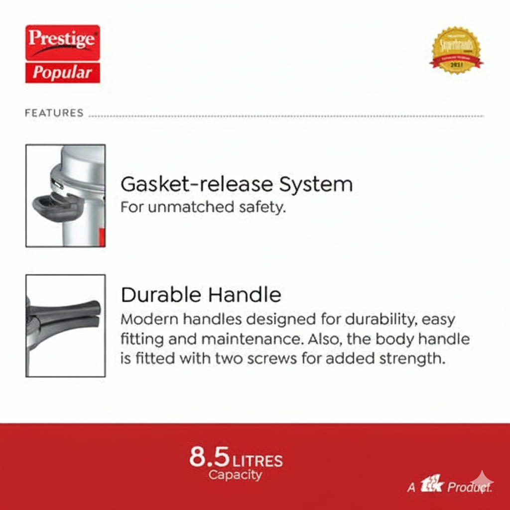 Prestige Popular Virgin Aluminium Precision Weight Valve Pressure Cooker, 8.5 L-10037
