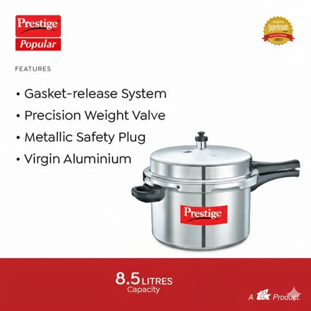 Prestige Popular Virgin Aluminium Precision Weight Valve Pressure Cooker, 8.5 L-10037