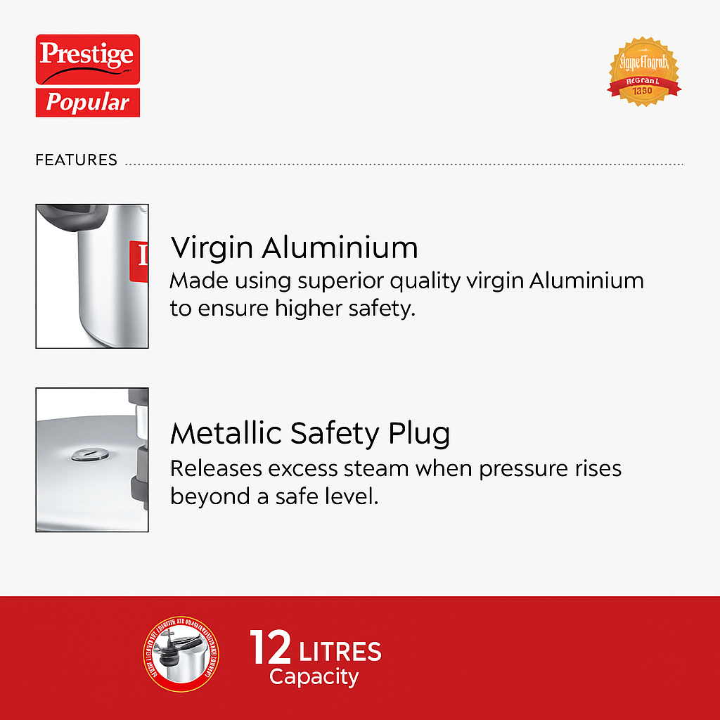 Prestige Popular Virgin Aluminium Precision Weight Valve Pressure Cooker, 12 L-10033