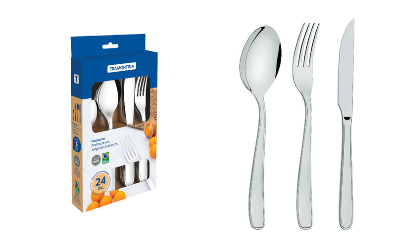 Tramontina Maresias stainless steel flatware set with steak knives, mirror finish 24 pc set-66902/014
