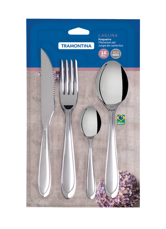 Tramontina Laguna stainless steel flatware set with steak knives, mirror finish 16 pc set-66906/420