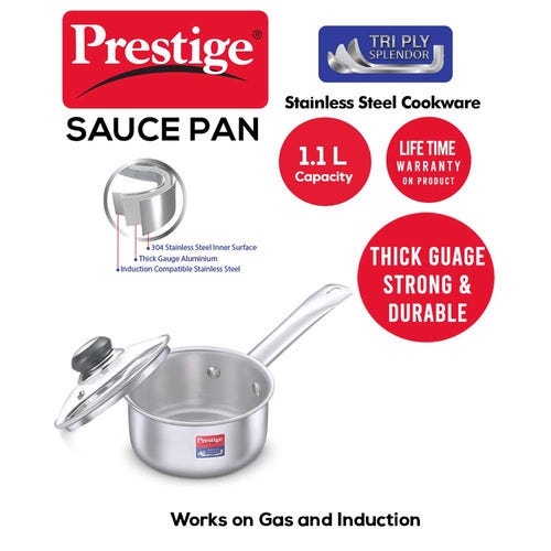 Prestige 14cm/1.1L Tri-Ply Stainless Steel Splendor Sauce Pan with Glass Lid - 37416