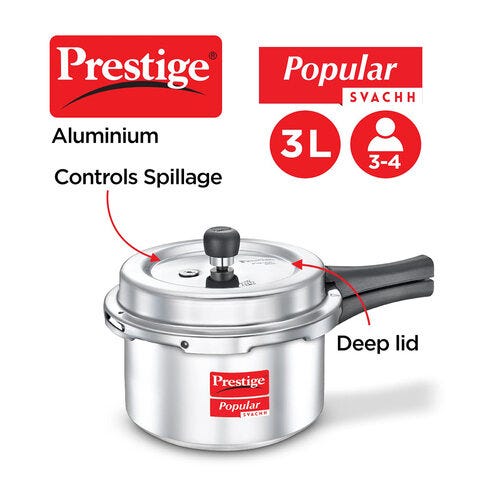 Prestige Popular Svachh Virgin Aluminium Spillage Control Pressure Cooker, 3L- 10165