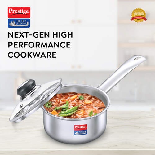 Prestige 18cm/2L Tri-Ply Stainless Steel Splendor Sauce Pan with Glass Lid- 37418
