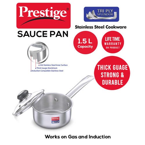 Prestige 16cm/1.5L Tri-Ply Stainless Steel Splendor Sauce Pan with Glass Lid - 37417