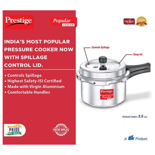 Prestige Popular Svachh Virgin Aluminium Spillage Control Pressure Cooker, 3L- 10165