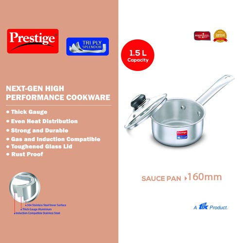 Prestige 16cm/1.5L Tri-Ply Stainless Steel Splendor Sauce Pan with Glass Lid - 37417
