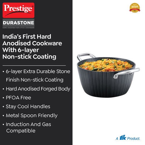 Prestige Durastone Hard Anodised 6 Layer Non-Stick Casserole with Glass Lid, (24 cm, 4 Litre).-37580