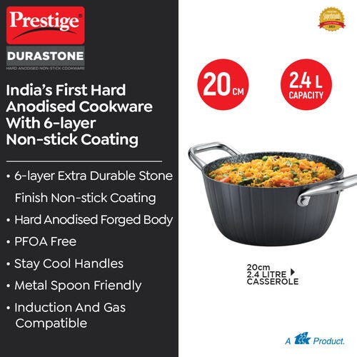 Prestige Durastone Hard Anodised 6 Layer Non-Stick Casserole with Glass Lid 20cm.-37577