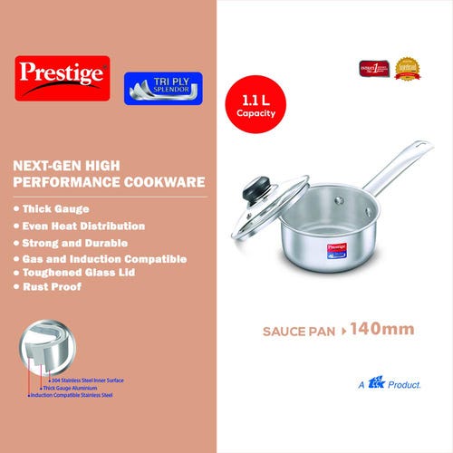 Prestige 14cm/1.1L Tri-Ply Stainless Steel Splendor Sauce Pan with Glass Lid - 37416