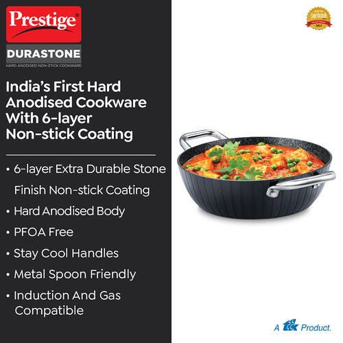 Prestige Durastone Hard Anodised 6 Layer Non-Stick Kadai with Glass Lid 28cm.-37579