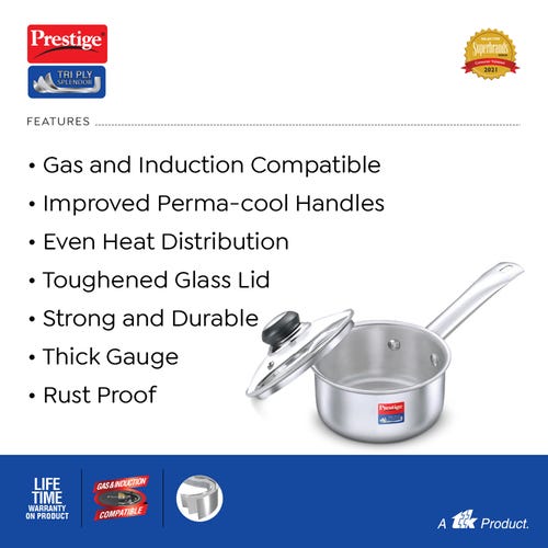 Prestige 18cm/2L Tri-Ply Stainless Steel Splendor Sauce Pan with Glass Lid- 37418