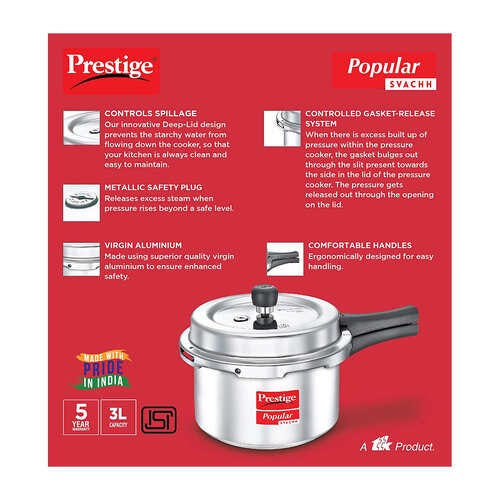 Prestige Popular Svachh Virgin Aluminium Spillage Control Pressure Cooker, 3L- 10165