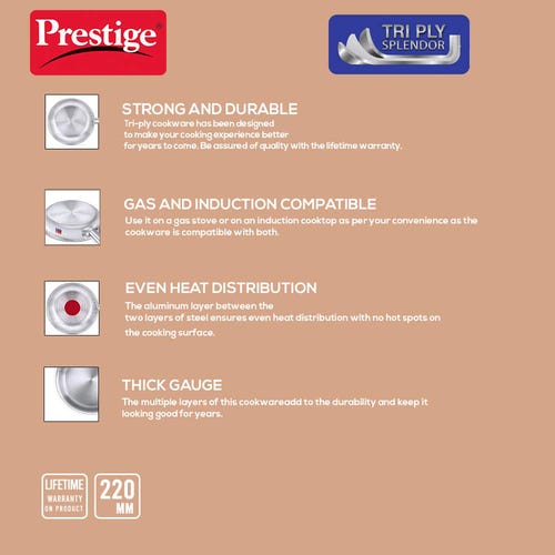 Prestige 22cm/1.2L Tri-Ply Stainless Steel Splendor Fry Pan-37413