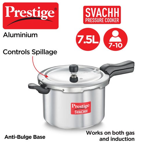 Prestige Svachh Aluminium Anti Bulge Gas and Induction Compatible Pressure Cooker, 7.5 L-10727