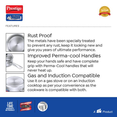 Prestige 18cm/2L Tri-Ply Stainless Steel Splendor Sauce Pan with Glass Lid- 37418
