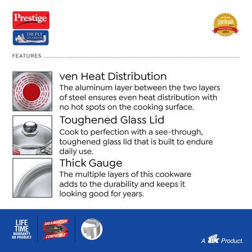 Prestige 18cm/2L Tri-Ply Stainless Steel Splendor Sauce Pan with Glass Lid- 37418