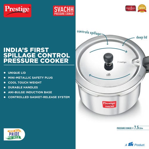 Prestige Svachh Aluminium Anti Bulge Gas and Induction Compatible Pressure Cooker, 7.5 L-10727