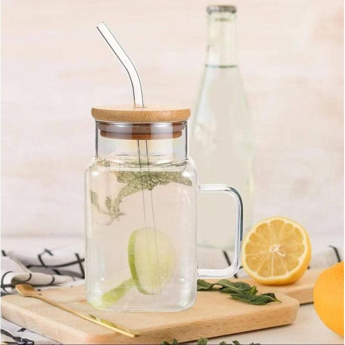 Mason Jar + Straw With Wood Cover 7.5x14cm-DB-GY-1-600