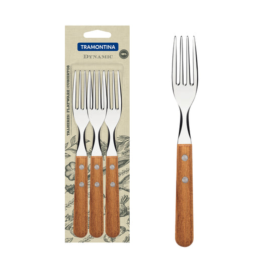 Tramontina Dynamic 3-Piece Set of Table Forks with Stainless-Steel Tines and Natural Wood Handles -22302/300
