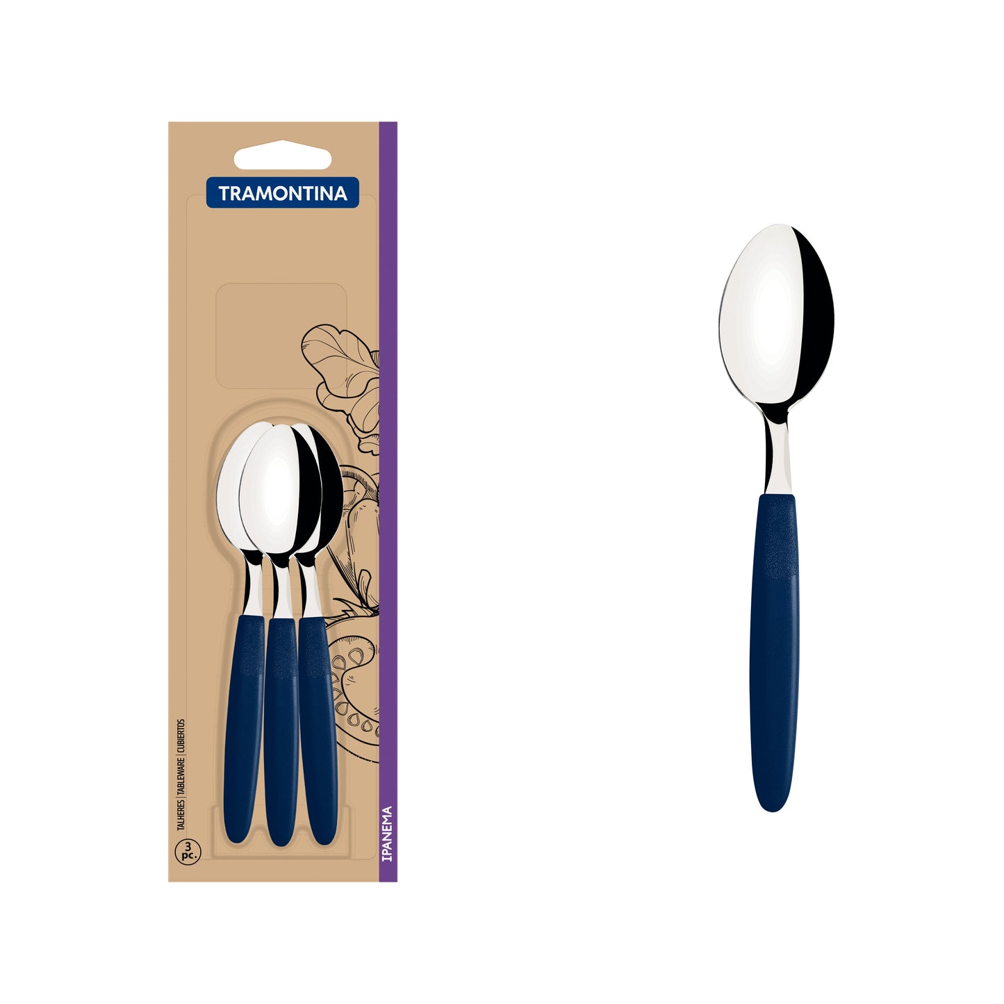 Tramontina Ipanema Tea Spoon 3pc Set Stainless Steel Blades & Blue Polypropylene Handles - 23367/310