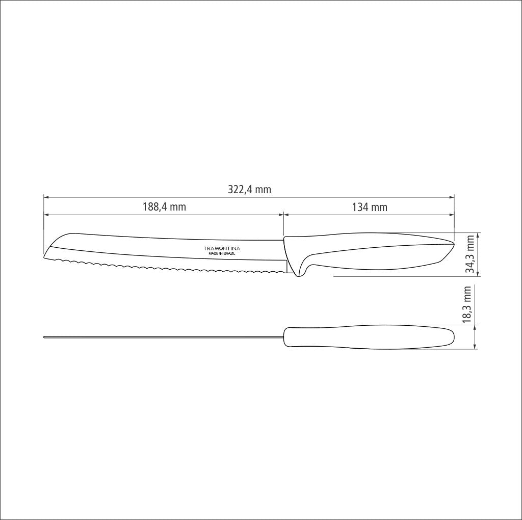 Tramontina Plenus Bread Knife 8" Stainless Steel Blade & Off White Polypropylene Handle - 23422/138