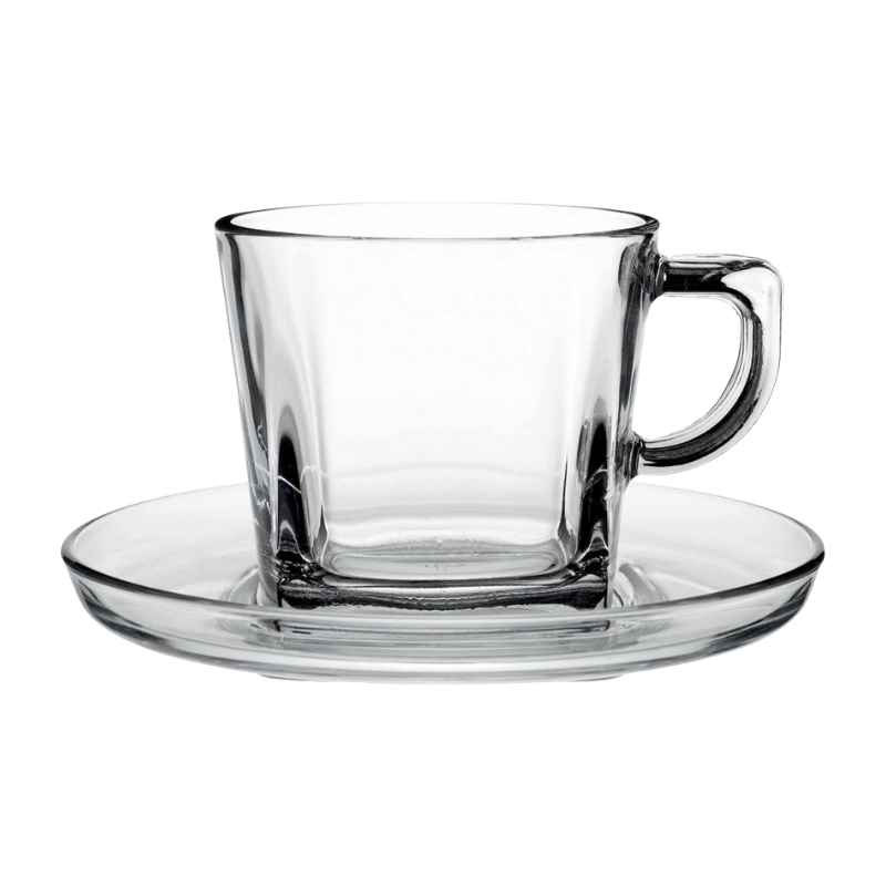 Pasabahce Carre Cup & Saucer 6pcs 215ml Glass Tea / Coffee Mug Set - 95307