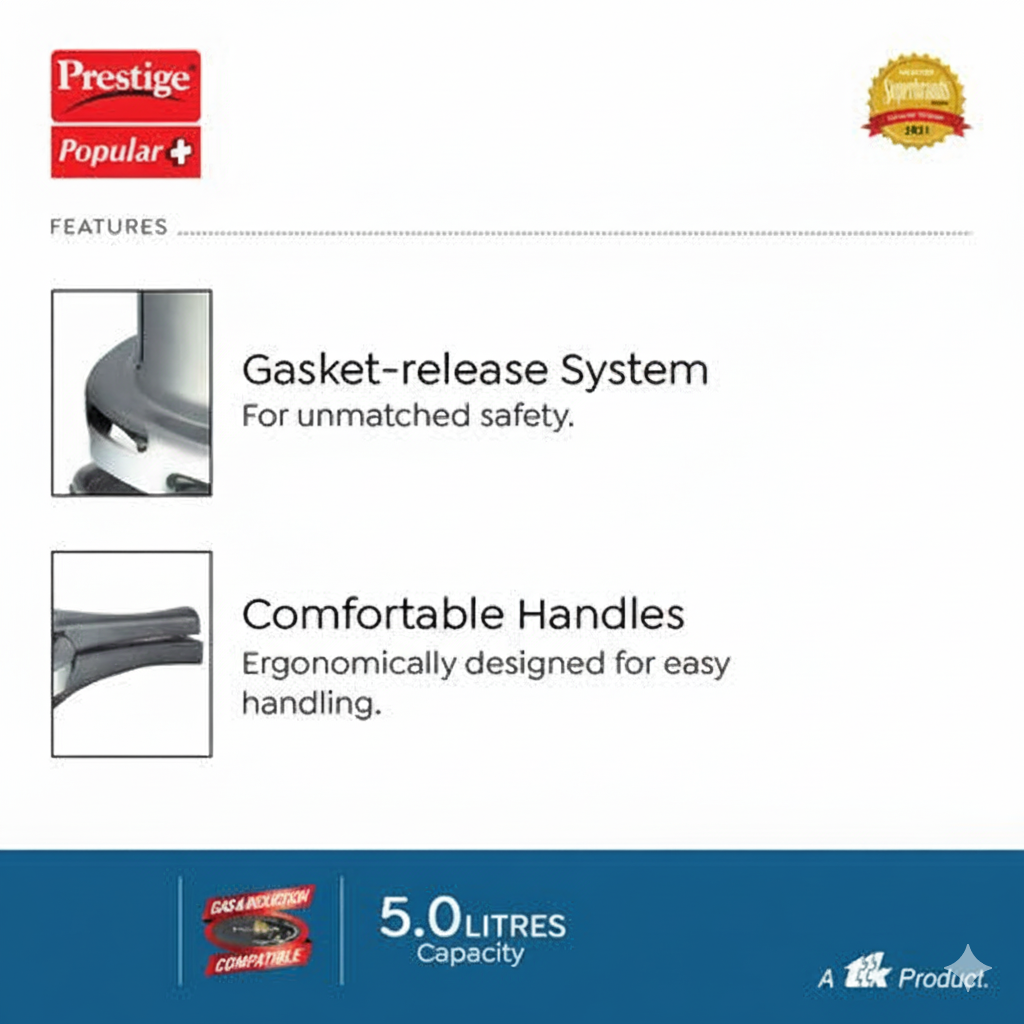 Prestige Popular Plus Virgin Aluminium Gas and Induction Compatible Pressure Cooker 5L-10203