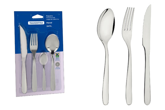 Tramontina Havaí stainless steel flatware set with steak knives, mirror finish 24 pc set-66905/094