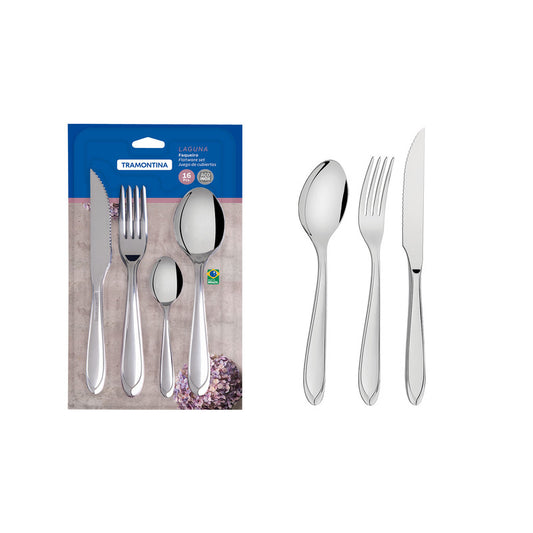Tramontina Laguna stainless steel flatware set with steak knives, mirror finish 16 pc set-66906/420