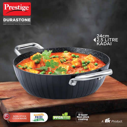 Prestige Durastone Hard Anodised 6 Layer Non-Stick Kadai with Glass Lid 24cm.-37578