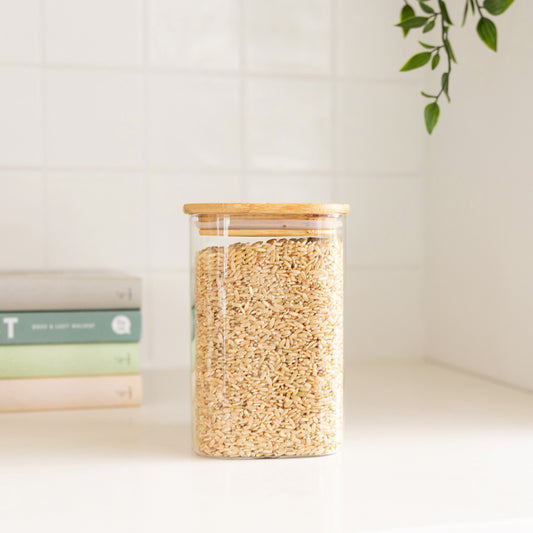 GLASS JAR SQ WITH WOOD COVER 8X8CM-S88(1-10)